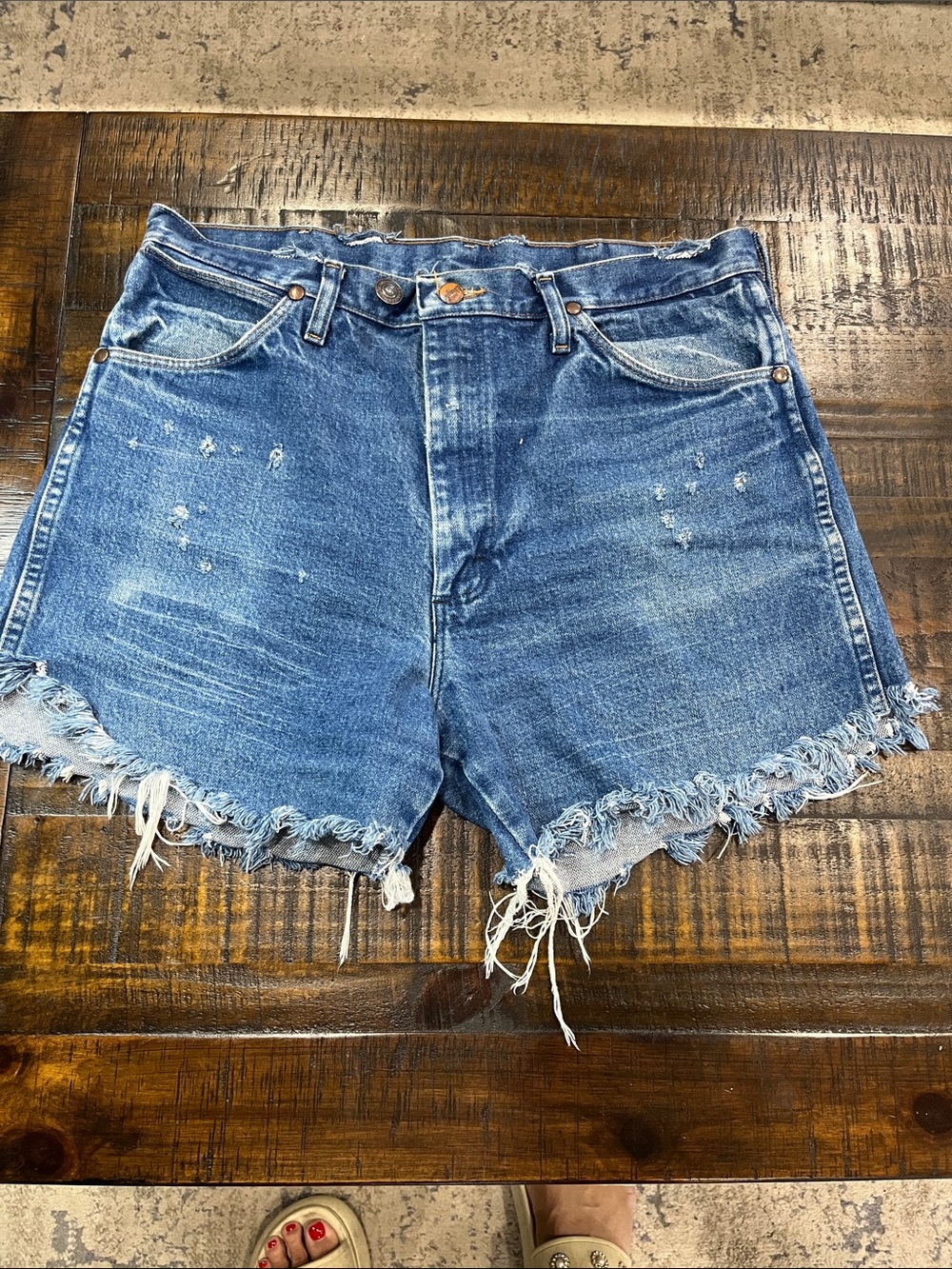 Wrangler Blue Distressed Denim Cutoff Shorts - Picture 2 of 7
